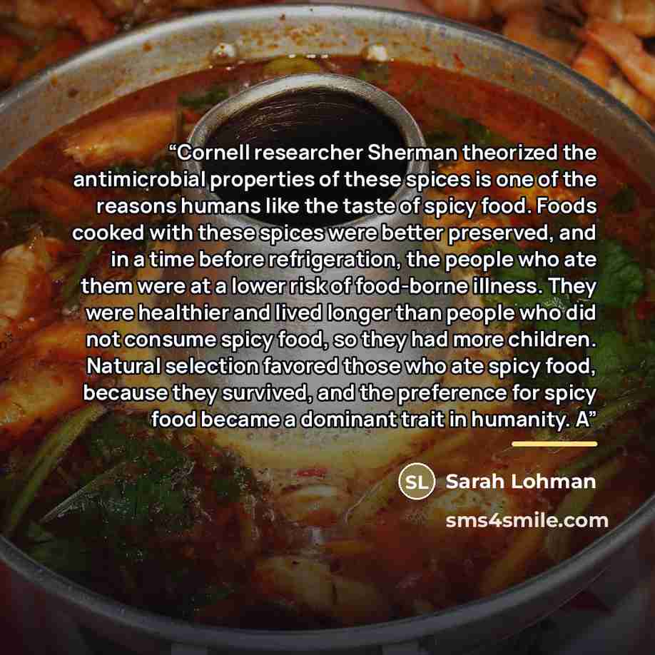 “Cornell researcher Sherman theorized the antimicrobial properties of these spices is one of the reasons humans like the taste of spicy food. Foods cooked with these spices were better preserved, and in a time before refrigeration, the people who ate them were at a lower risk of food-borne illness…” quote by Sarah Lohman
