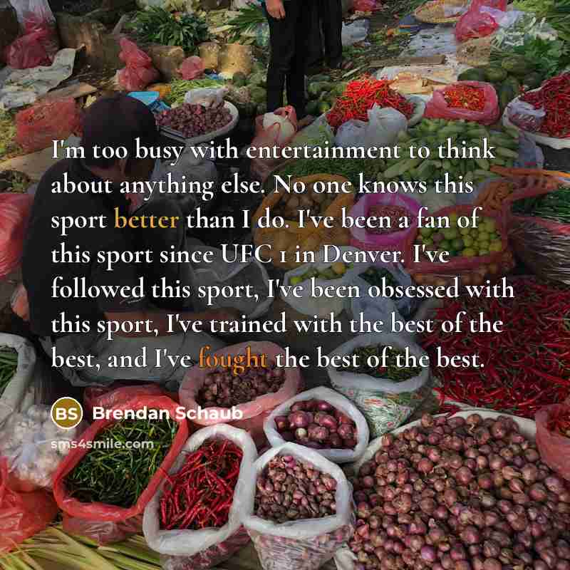 “I'm too busy with entertainment to think about anything else. No one knows this sport better than I do. I've been a fan of this sport since UFC 1 in Denver. I've followed this sport, I've been obsessed with this sport, I've trained with the best of the best, and I've fought the best of the best.” quote by Brendan Schaub