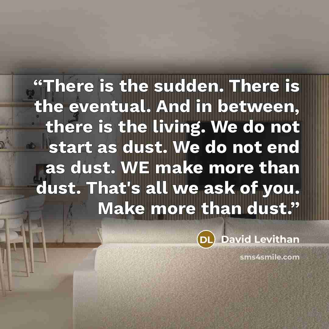 “There is the sudden. There is the eventual. And in between, there is the living. We do not start as dust. We do not end as dust. WE make more than dust. That's all we ask of you. Make more than dust.” quote by David Levithan