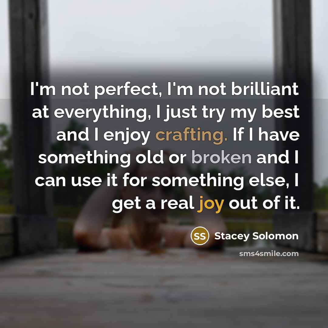 “I'm not perfect, I'm not brilliant at everything, I just try my best and I enjoy crafting. If I have something old or broken and I can use it for something else, I get a real joy out of it.” quote by Stacey Solomon