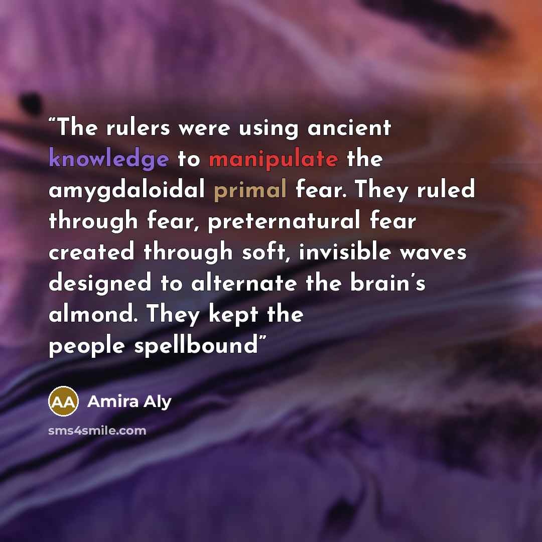 “The rulers were using ancient knowledge to manipulate the amygdaloidal primal fear. They ruled through fear, preternatural fear created through soft, invisible waves designed to alternate the brain’s almond. They kept the people spellbound” quote by Amira Aly