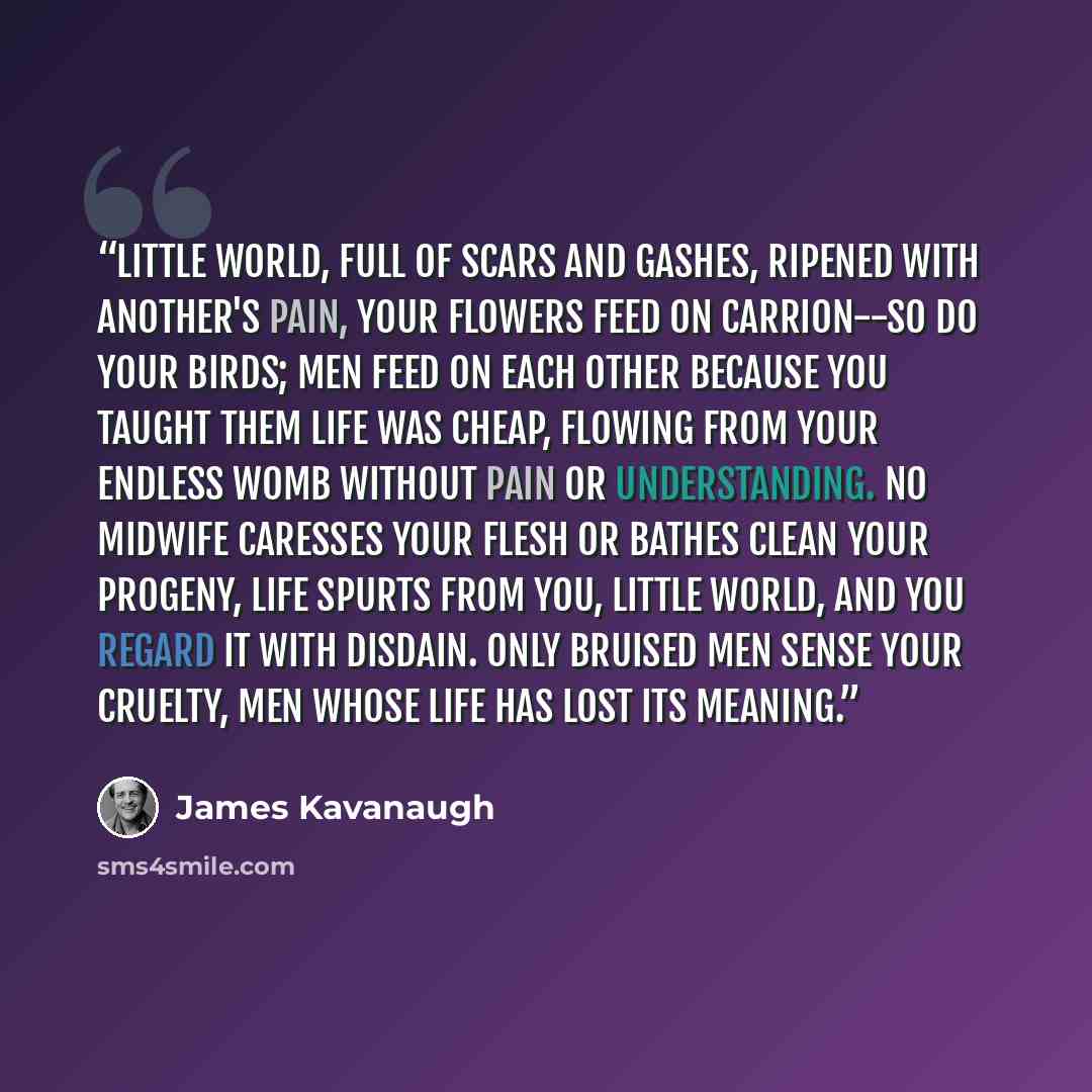 “Little world, full of scars and gashes, ripened with another's pain, Your flowers feed on carrion--so do your birds; Men feed on each other because you taught them life was cheap, Flowing from your endless womb without pain or understanding. No midwife caresses your flesh or bathes clean your…” quote by James Kavanaugh