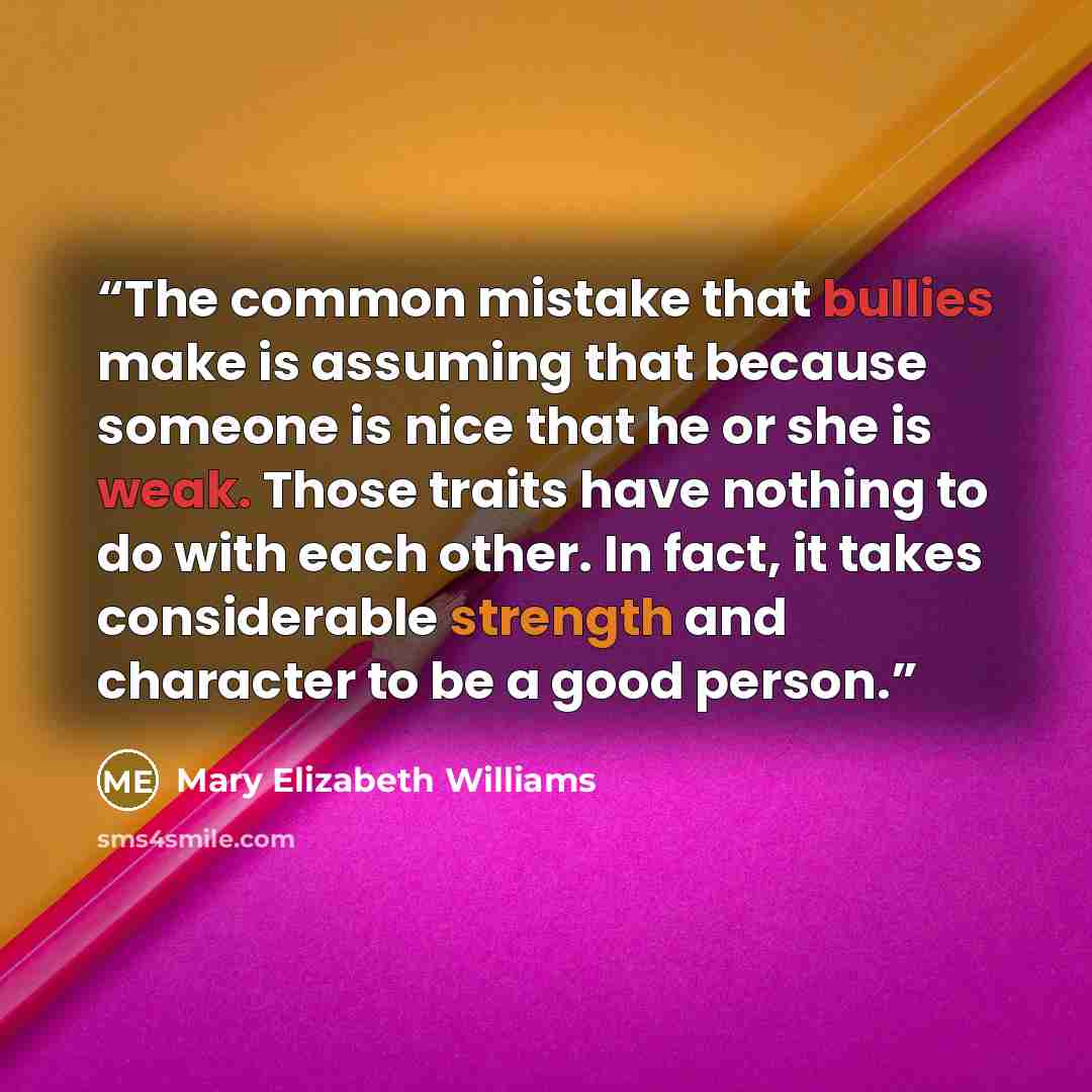“The common mistake that bullies make is assuming that because someone is nice that he or she is weak. Those traits have nothing to do with each other. In fact, it takes considerable strength and character to be a good person.” quote by Mary Elizabeth Williams