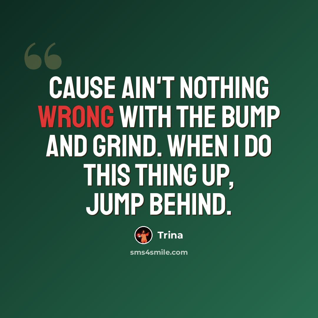 “Cause ain't nothing wrong with the bump and grind. When I do this thing up, jump behind.” quote by Trina