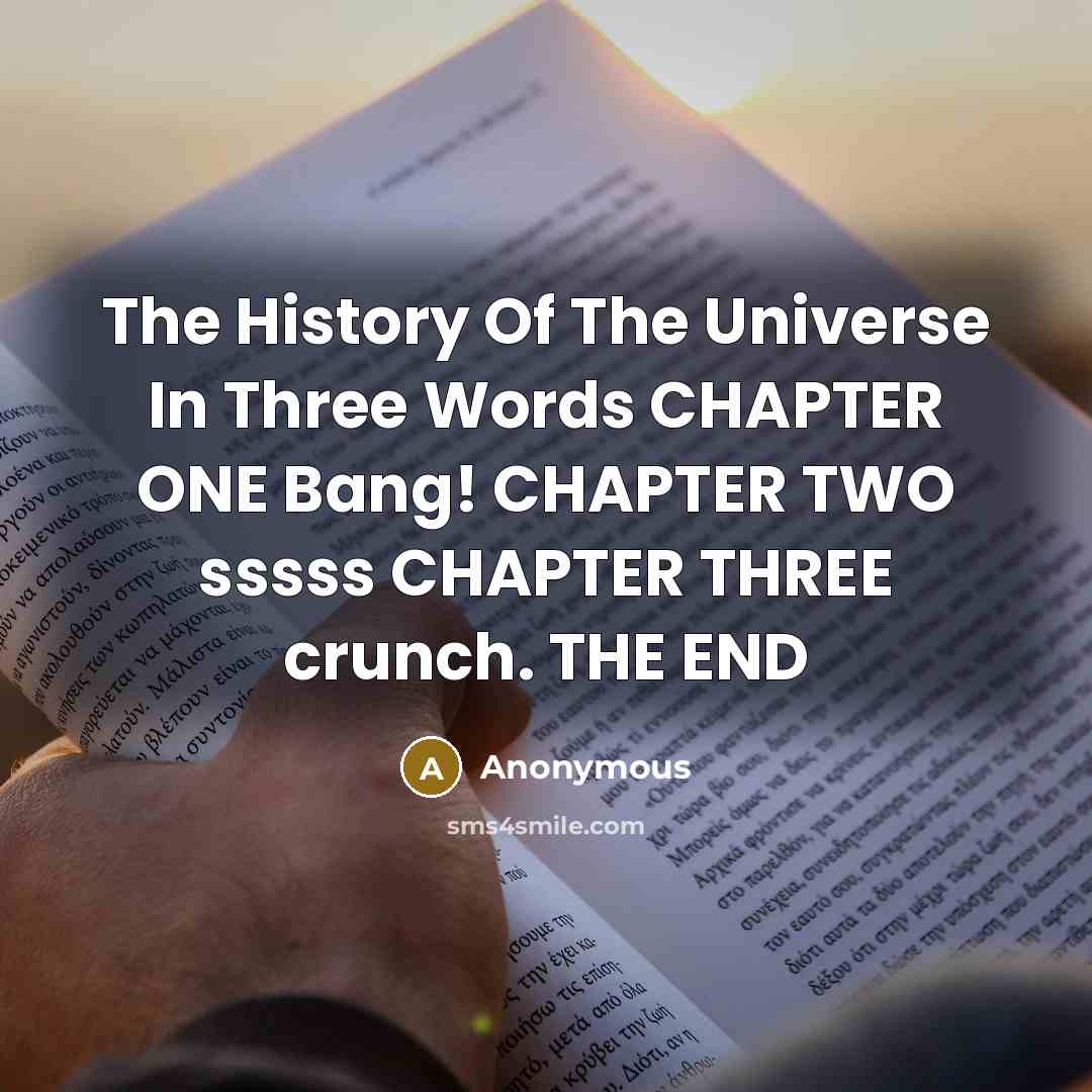 “The History Of The Universe In Three Words CHAPTER ONE Bang! CHAPTER TWO sssss CHAPTER THREE crunch. THE END” quote by Anonymous