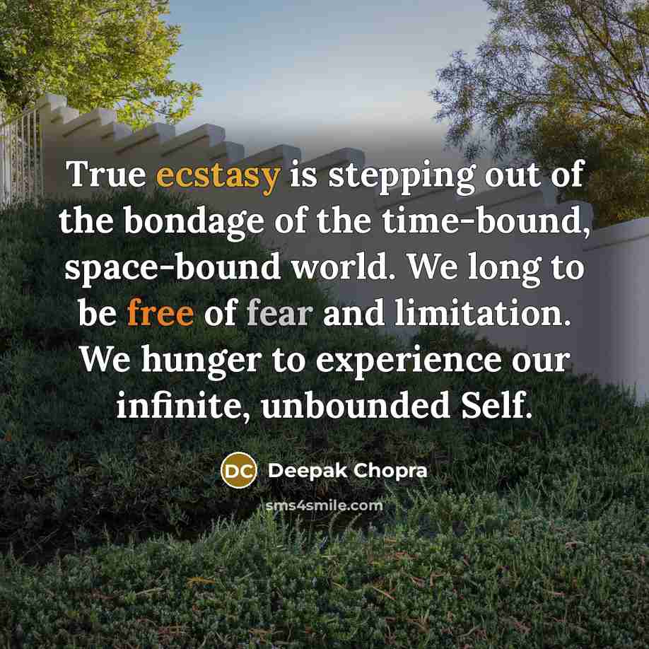 “True ecstasy is stepping out of the bondage of the time-bound, space-bound world. We long to be free of fear and limitation. We hunger to experience our infinite, unbounded Self.” quote by Deepak Chopra