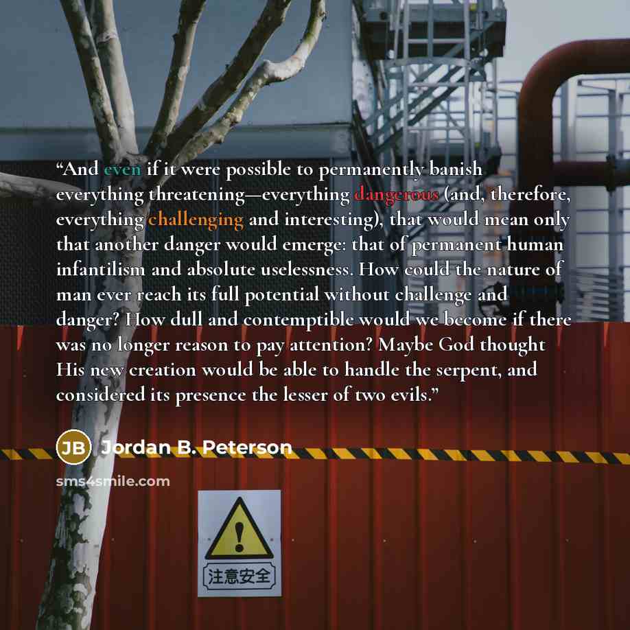“And even if it were possible to permanently banish everything threatening—everything dangerous (and, therefore, everything challenging and interesting), that would mean only that another danger would emerge: that of permanent human infantilism and absolute uselessness. How could the nature of man…” quote by Jordan B. Peterson