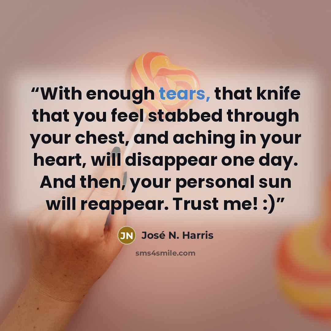 “With enough tears, that knife that you feel stabbed through your chest, and aching in your heart, will disappear one day. And then, your personal sun will reappear. Trust me! :)” quote by José N. Harris
