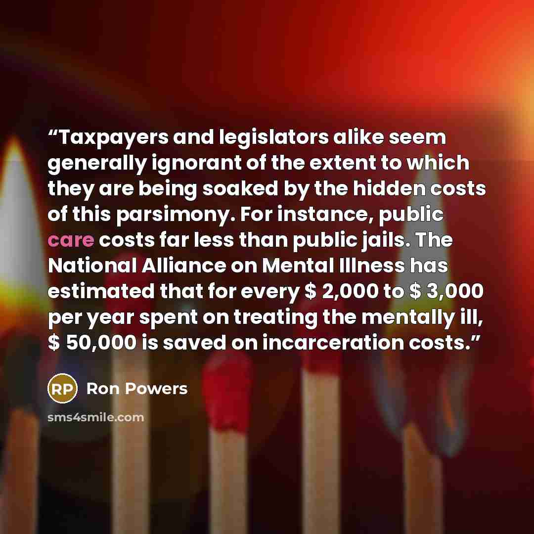 “Taxpayers and legislators alike seem generally ignorant of the extent to which they are being soaked by the hidden costs of this parsimony. For instance, public care costs far less than public jails. The National Alliance on Mental Illness has estimated that for every $ 2,000 to $ 3,000 per year…” quote by Ron Powers