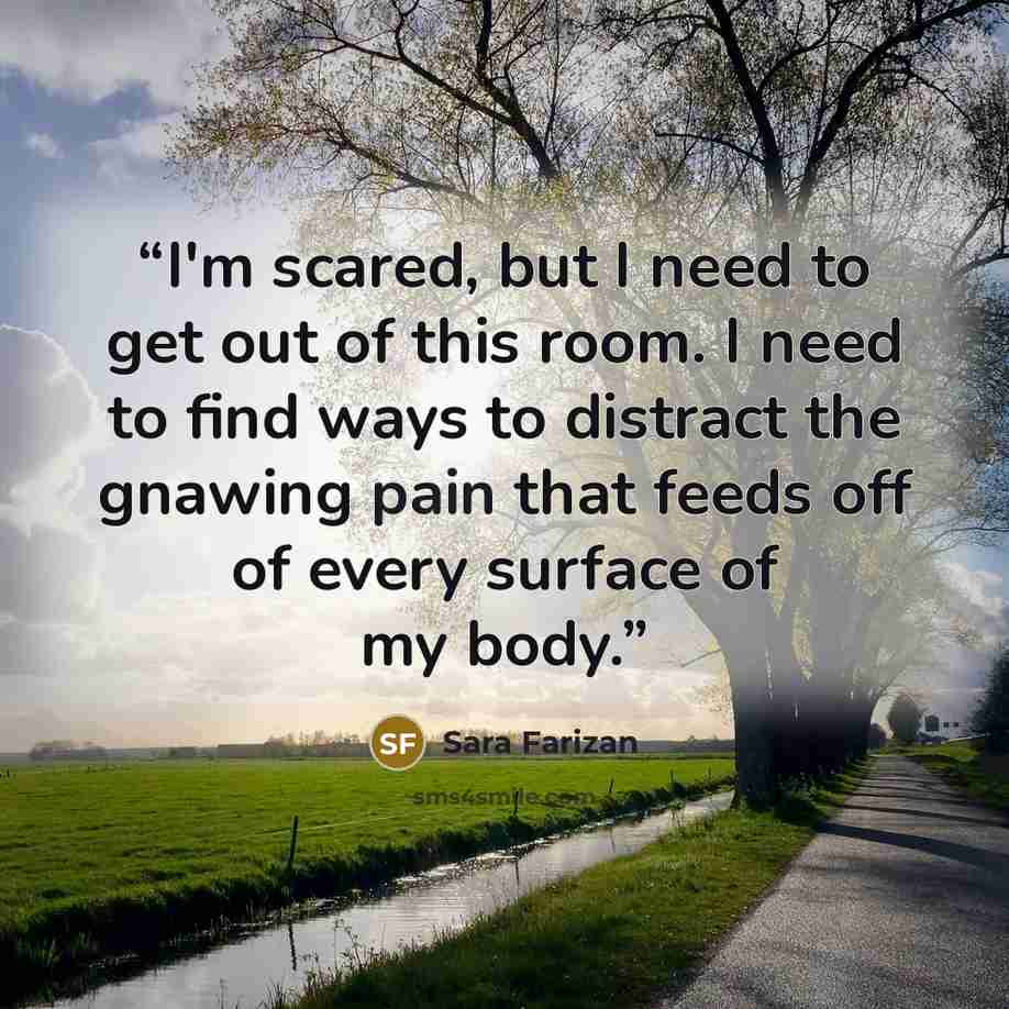 “I'm scared, but I need to get out of this room. I need to find ways to distract the gnawing pain that feeds off of every surface of my body.” quote by Sara Farizan