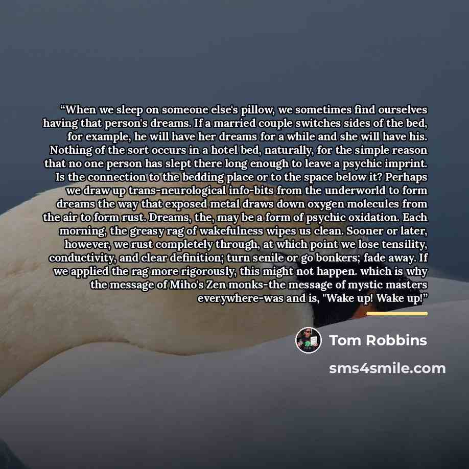“When we sleep on someone else's pillow, we sometimes find ourselves having that person's dreams. If a married couple switches sides of the bed, for example, he will have her dreams for a while and she will have his. Nothing of the sort occurs in a hotel bed, naturally, for the simple reason that…” quote by Tom Robbins