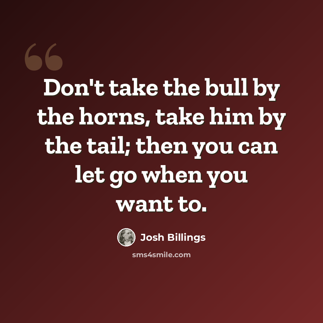 “Don't take the bull by the horns, take him by the tail; then you can let go when you want to.” quote by Josh Billings