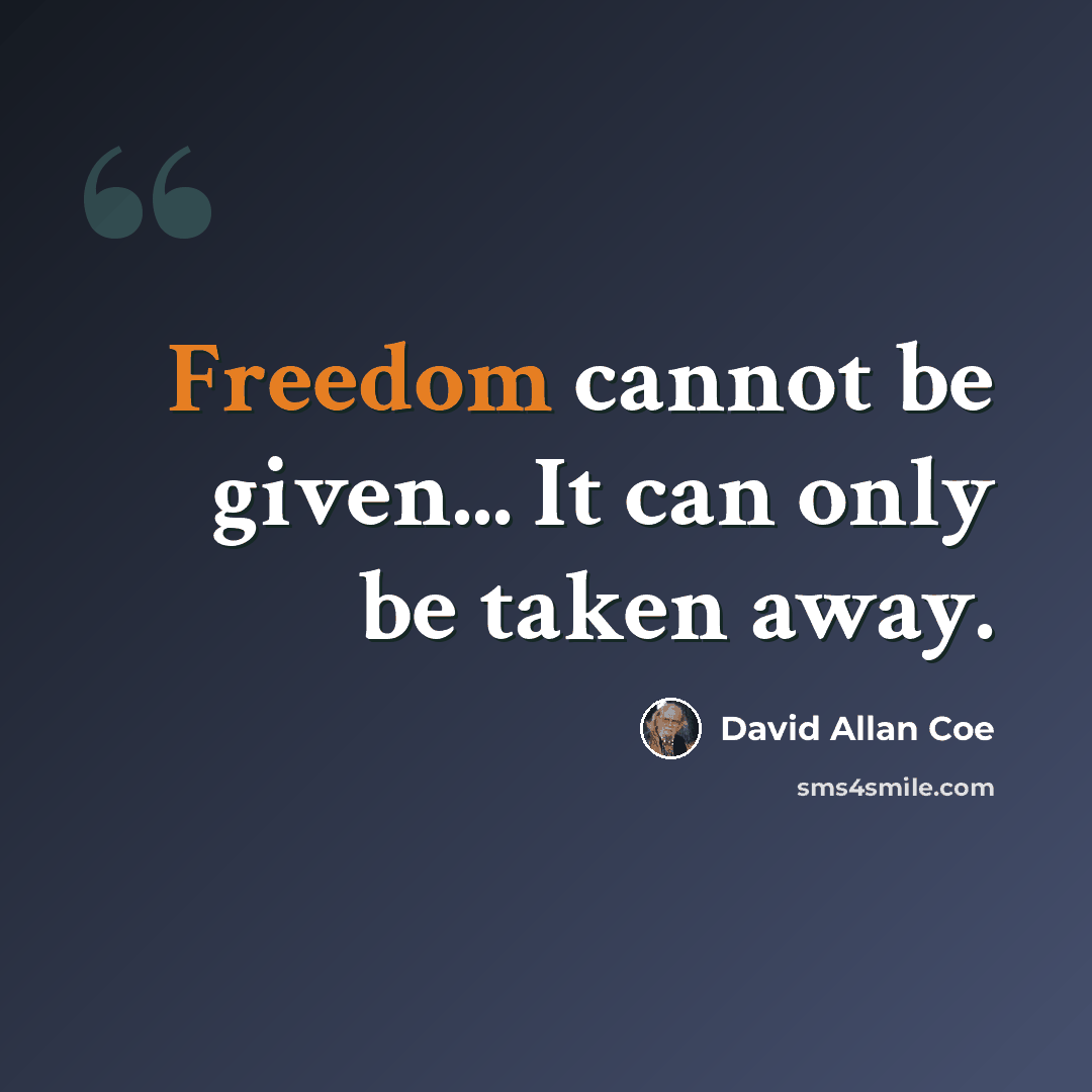“Freedom cannot be given... It can only be taken away.” quote by David Allan Coe