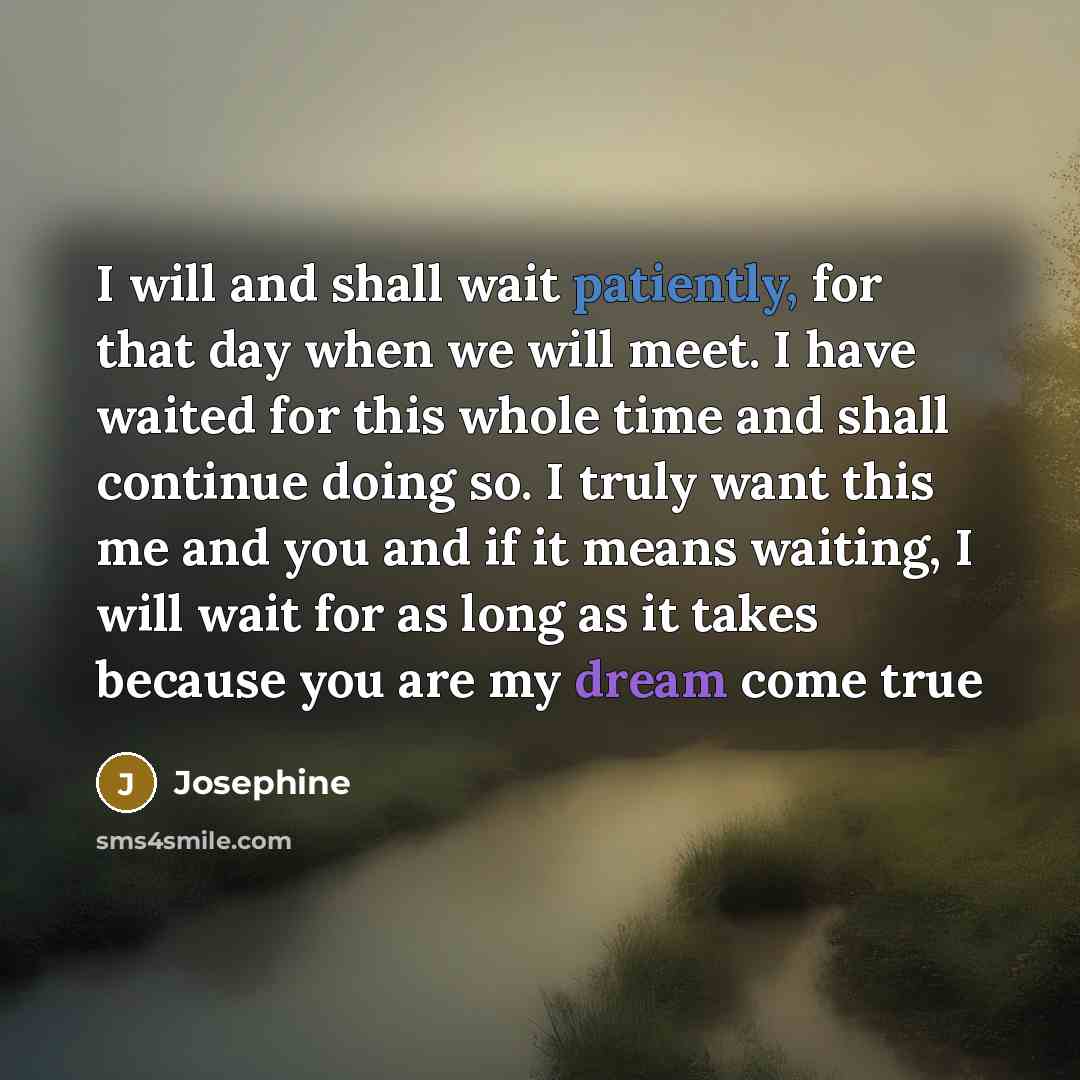 “I will and shall wait patiently, for that day when we will meet. I have waited for this whole time and shall continue doing so. I truly want this me and you and if it means waiting, I will wait for as long as it takes because you are my dream come true” quote by Josephine