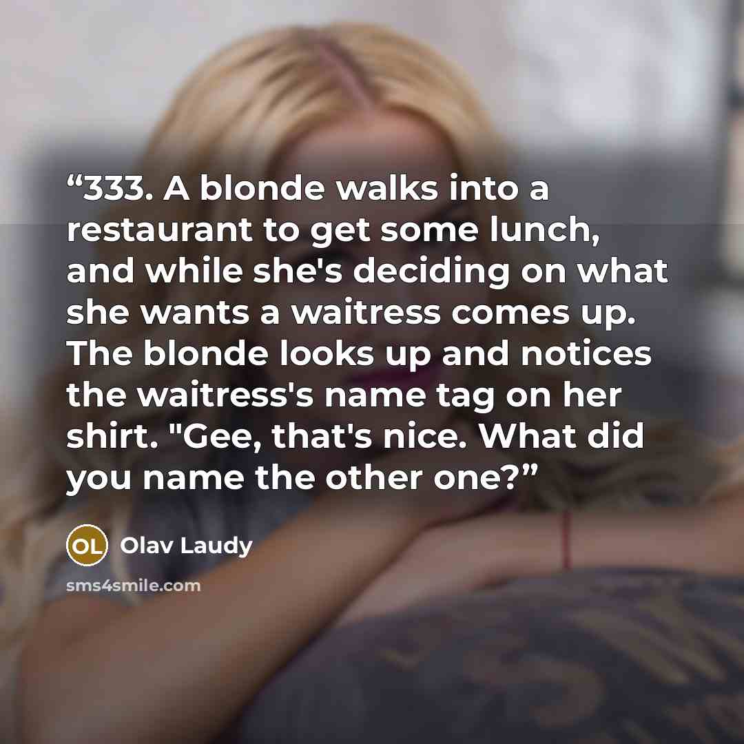 “333. A blonde walks into a restaurant to get some lunch, and while she's deciding on what she wants a waitress comes up. The blonde looks up and notices the waitress's name tag on her shirt. "Gee, that's nice. What did you name the other one?” quote by Olav Laudy