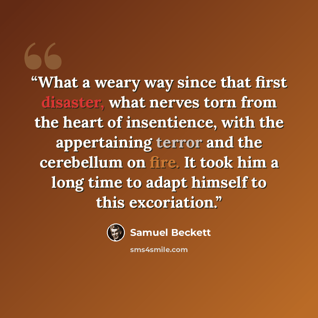 “What a weary way since that first disaster, what nerves torn from the heart of insentience, with the appertaining terror and the cerebellum on fire. It took him a long time to adapt himself to this excoriation.” quote by Samuel Beckett