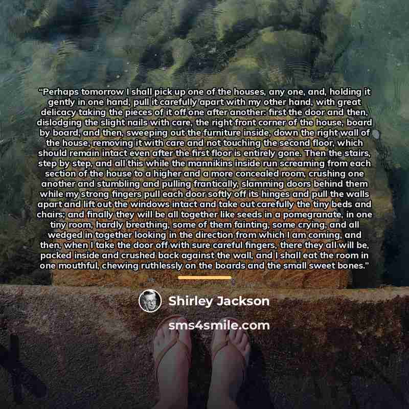 “Perhaps tomorrow I shall pick up one of the houses, any one, and, holding it gently in one hand, pull it carefully apart with my other hand, with great delicacy taking the pieces of it off one after another: first the door and then, dislodging the slight nails with care, the right front corner of…” quote by Shirley Jackson