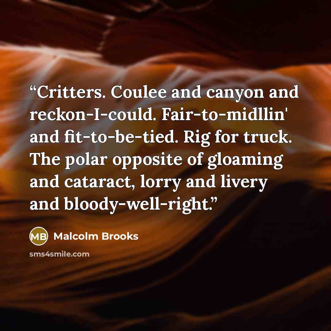 “Critters. Coulee and canyon and reckon-I-could. Fair-to-midllin' and fit-to-be-tied. Rig for truck. The polar opposite of gloaming and cataract, lorry and livery and bloody-well-right.” quote by Malcolm Brooks