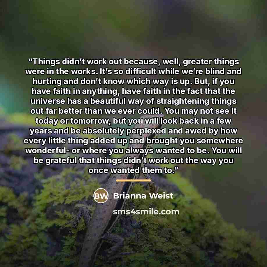 “Things didn’t work out because, well, greater things were in the works. It’s so difficult while we’re blind and hurting and don’t know which way is up. But, if you have faith in anything, have faith in the fact that the universe has a beautiful way of straightening things out far better than we…” quote by Brianna Weist