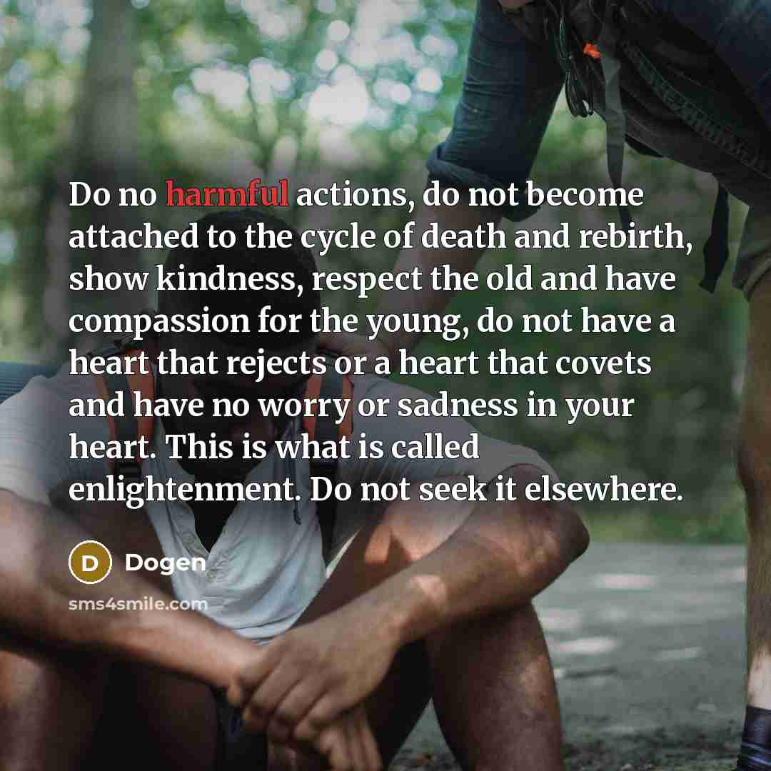 “Do no harmful actions, do not become attached to the cycle of death and rebirth, show kindness, respect the old and have compassion for the young, do not have a heart that rejects or a heart that covets and have no worry or sadness in your heart. This is what is called enlightenment. Do not seek…” quote by Dogen