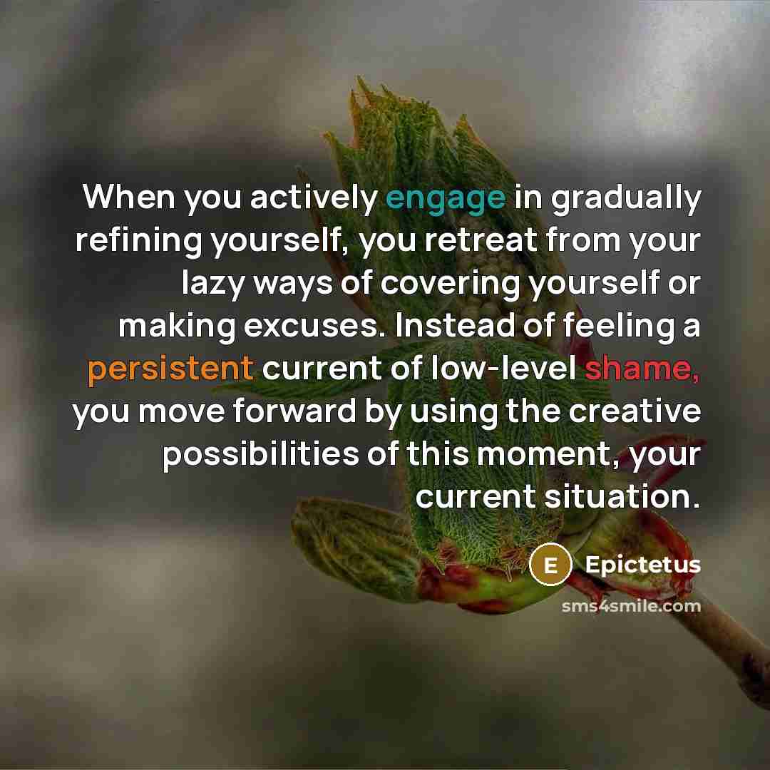 “When you actively engage in gradually refining yourself, you retreat from your lazy ways of covering yourself or making excuses. Instead of feeling a persistent current of low-level shame, you move forward by using the creative possibilities of this moment, your current situation.” quote by Epictetus