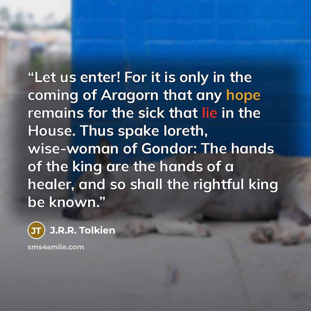 “Let us enter! For it is only in the coming of Aragorn that any hope remains for the sick that lie in the House. Thus spake Ioreth, wise-woman of Gondor: The hands of the king are the hands of a healer, and so shall the rightful king be known.” quote by J.R.R. Tolkien