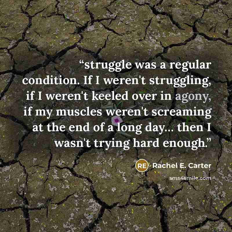 “struggle was a regular condition. If I weren't struggling, if I weren't keeled over in agony, if my muscles weren't screaming at the end of a long day… then I wasn't trying hard enough.” quote by Rachel E. Carter