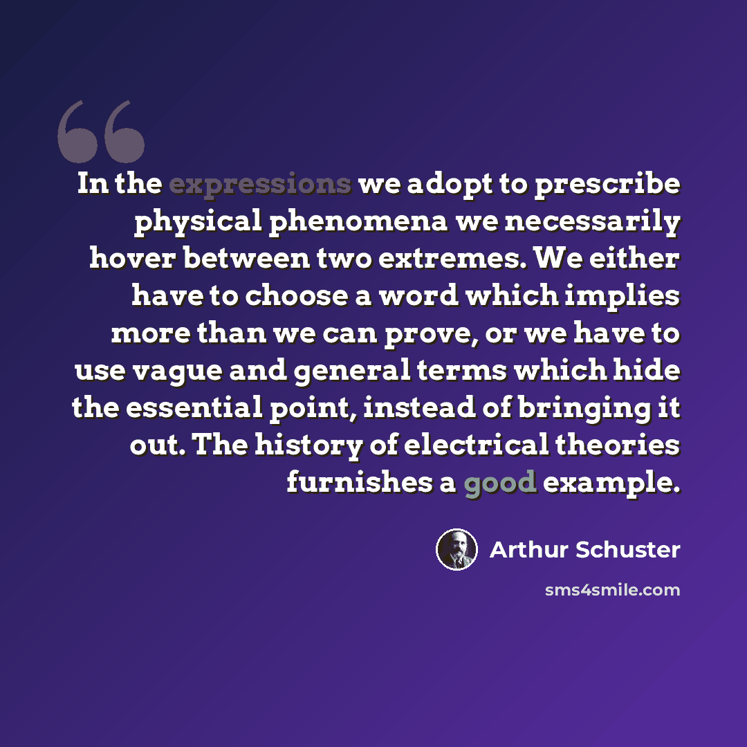 “In the expressions we adopt to prescribe physical phenomena we necessarily hover between two extremes. We either have to choose a word which implies more than we can prove, or we have to use vague and general terms which hide the essential point, instead of bringing it out. The history of…” quote by Arthur Schuster