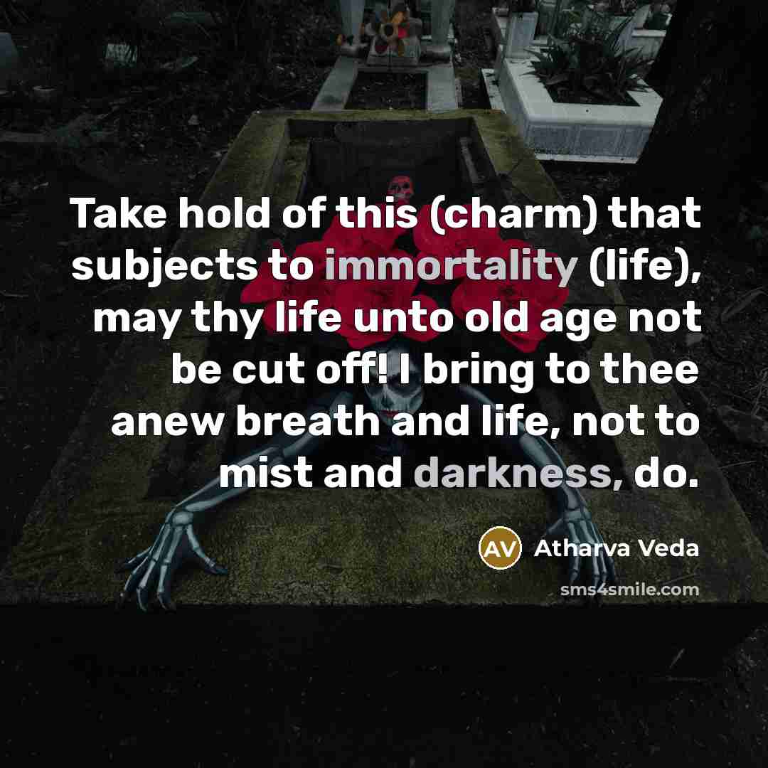 “Take hold of this (charm) that subjects to immortality (life), may thy life unto old age not be cut off! I bring to thee anew breath and life, not to mist and darkness, do.” quote by Atharva Veda