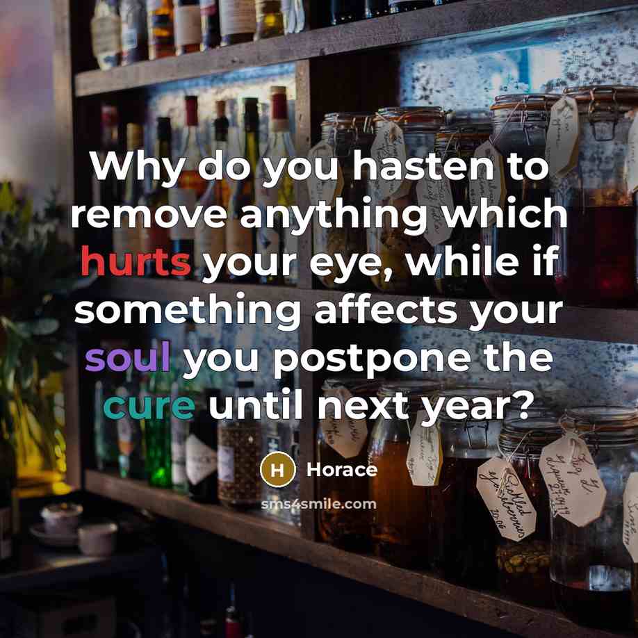 “Why do you hasten to remove anything which hurts your eye, while if something affects your soul you postpone the cure until next year?” quote by Horace