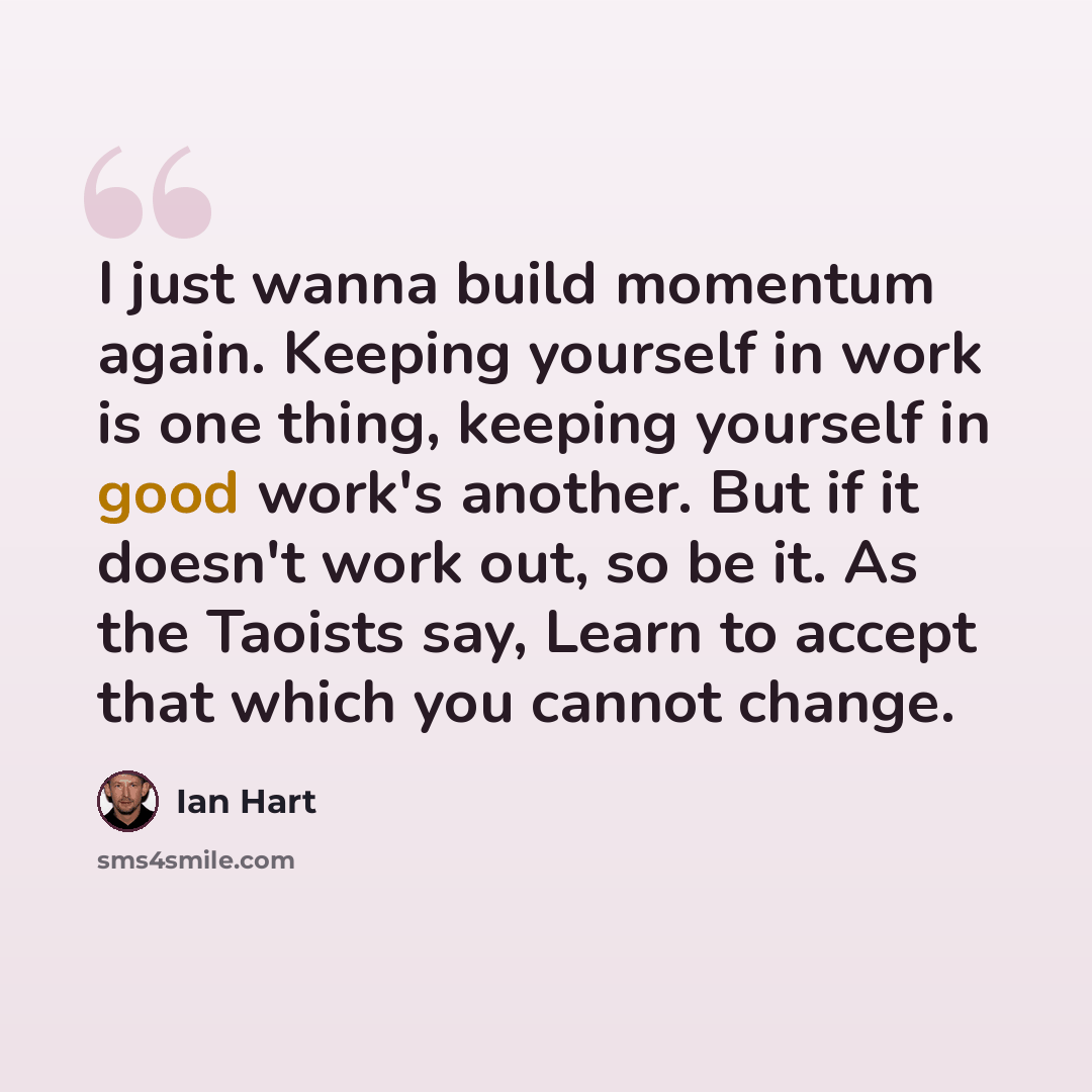 “I just wanna build momentum again. Keeping yourself in work is one thing, keeping yourself in good work's another. But if it doesn't work out, so be it. As the Taoists say, Learn to accept that which you cannot change.” quote by Ian Hart