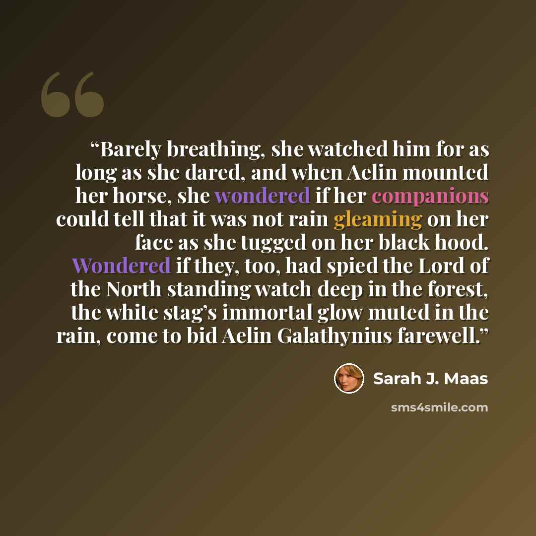 “Barely breathing, she watched him for as long as she dared, and when Aelin mounted her horse, she wondered if her companions could tell that it was not rain gleaming on her face as she tugged on her black hood. Wondered if they, too, had spied the Lord of the North standing watch deep in the…” quote by Sarah J. Maas