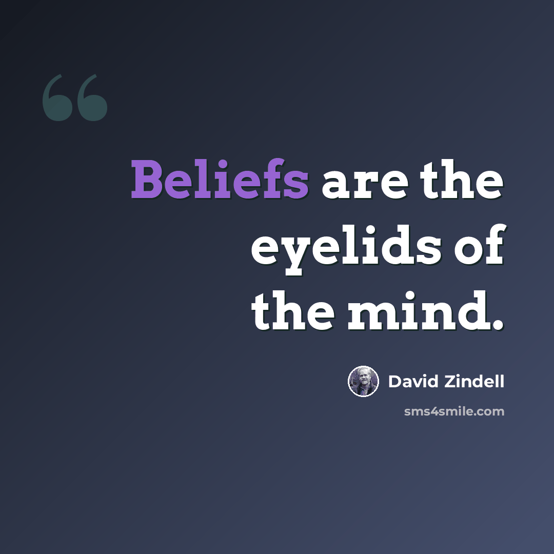 “Beliefs are the eyelids of the mind.” quote by David Zindell