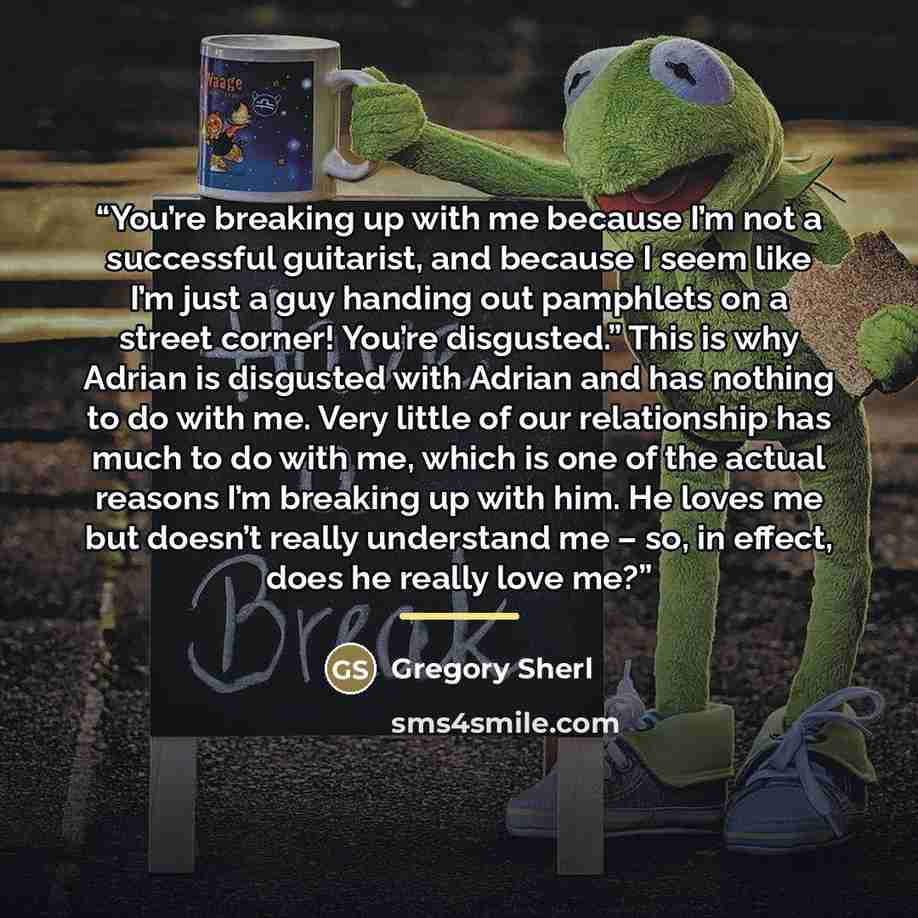 “You’re breaking up with me because I’m not a successful guitarist, and because I seem like I’m just a guy handing out pamphlets on a street corner! You’re disgusted.” This is why Adrian is disgusted with Adrian and has nothing to do with me. Very little of our relationship has much to do with me…” quote by Gregory Sherl