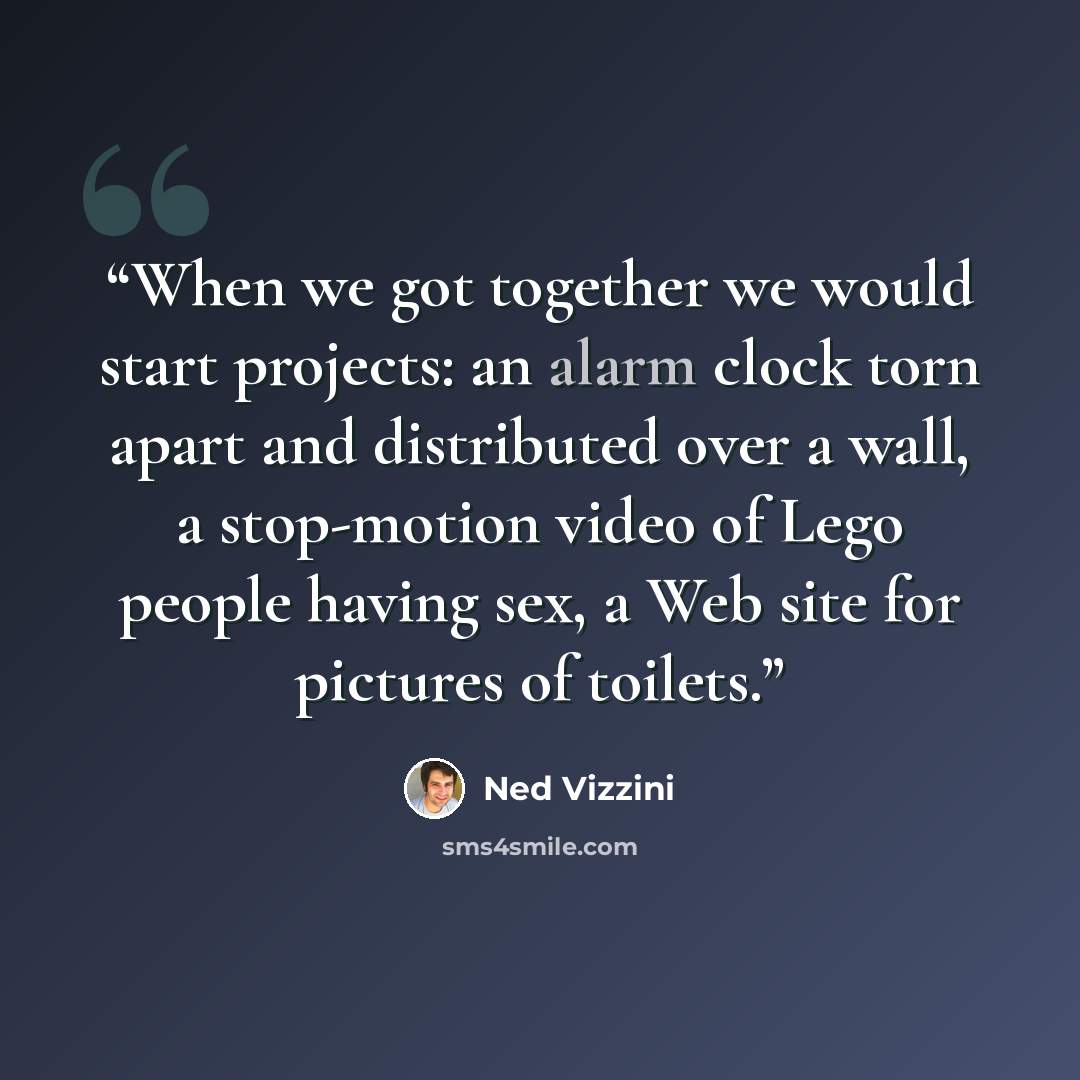 “When we got together we would start projects: an alarm clock torn apart and distributed over a wall, a stop-motion video of Lego people having sex, a Web site for pictures of toilets.” quote by Ned Vizzini