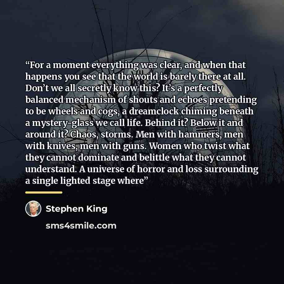 “For a moment everything was clear, and when that happens you see that the world is barely there at all. Don’t we all secretly know this? It’s a perfectly balanced mechanism of shouts and echoes pretending to be wheels and cogs, a dreamclock chiming beneath a mystery-glass we call life. Behind it?…” quote by Stephen King