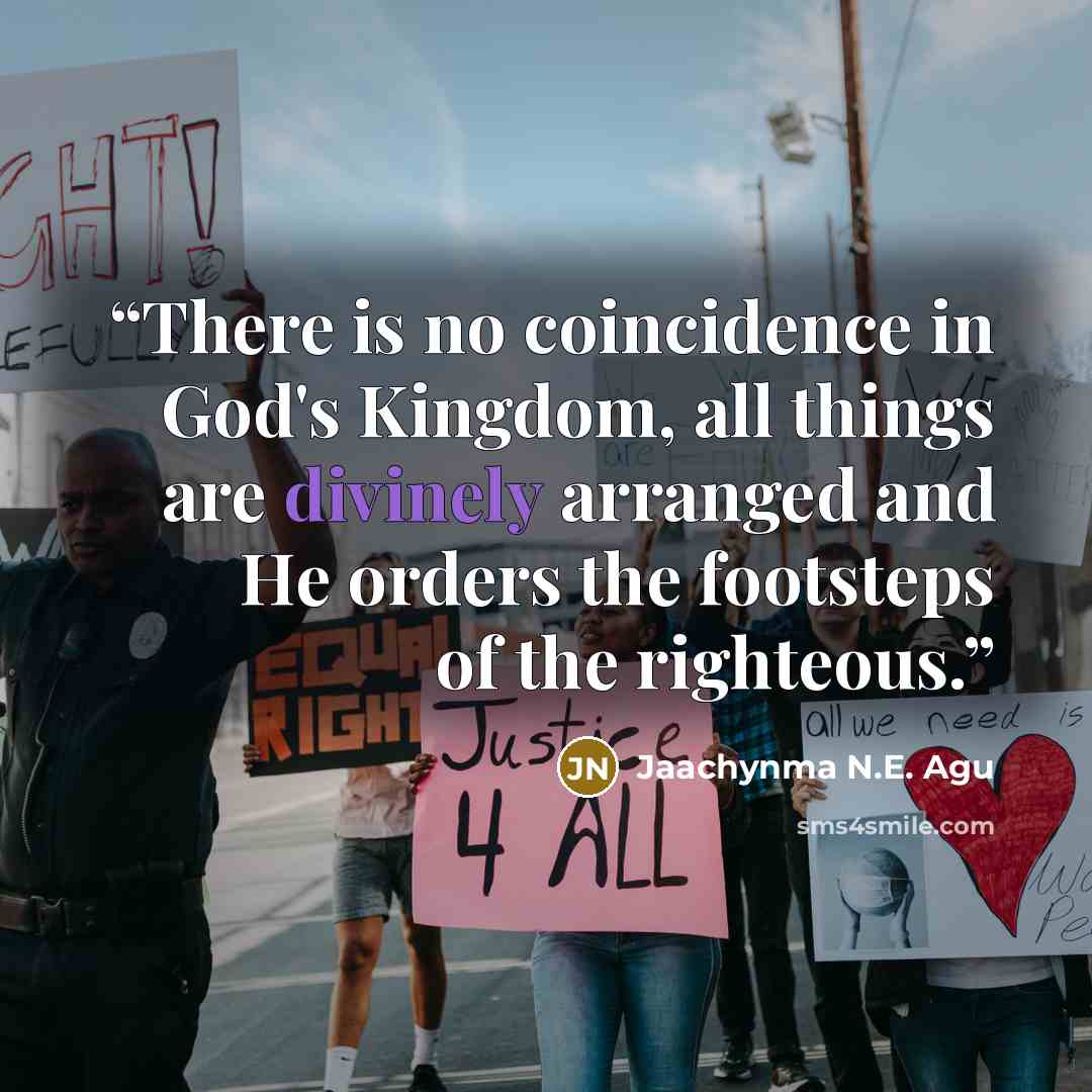 “There is no coincidence in God's Kingdom, all things are divinely arranged and He orders the footsteps of the righteous.” quote by Jaachynma N.E. Agu