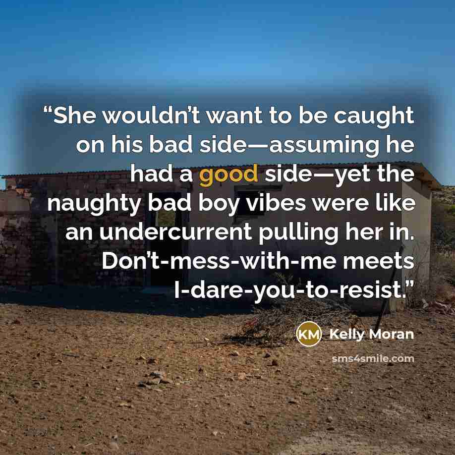 “She wouldn’t want to be caught on his bad side—assuming he had a good side—yet the naughty bad boy vibes were like an undercurrent pulling her in. Don’t-mess-with-me meets I-dare-you-to-resist.” quote by Kelly Moran