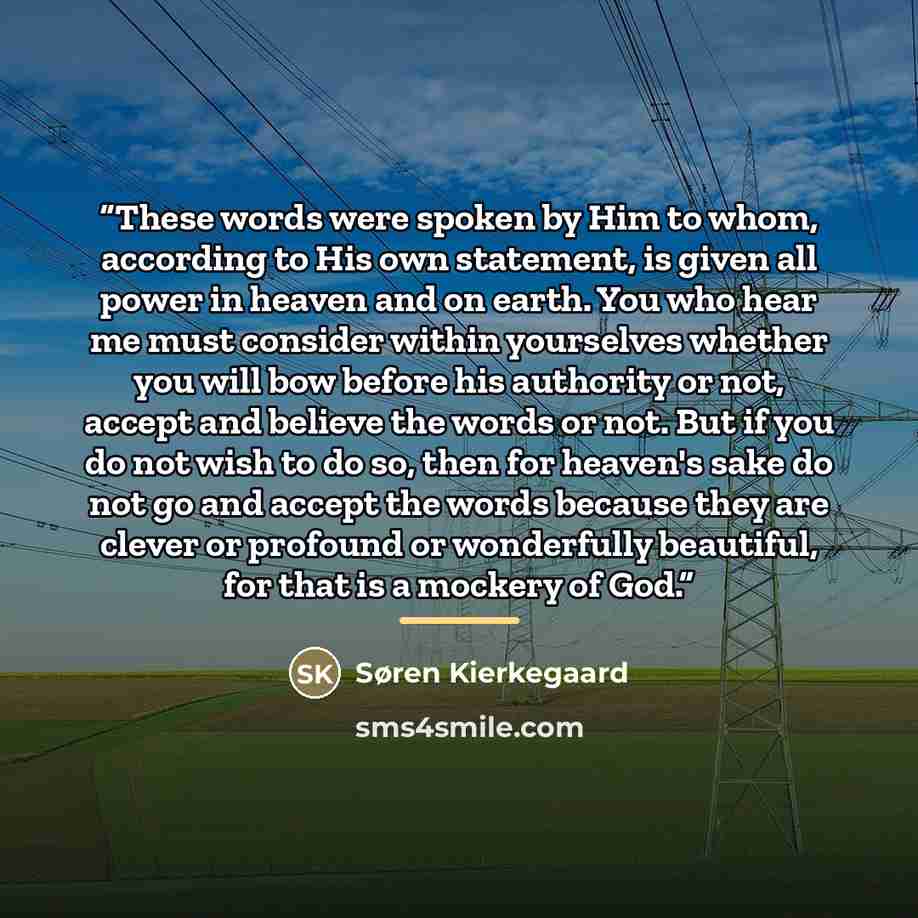 “These words were spoken by Him to whom, according to His own statement, is given all power in heaven and on earth. You who hear me must consider within yourselves whether you will bow before his authority or not, accept and believe the words or not. But if you do not wish to do so, then for…” quote by Søren Kierkegaard