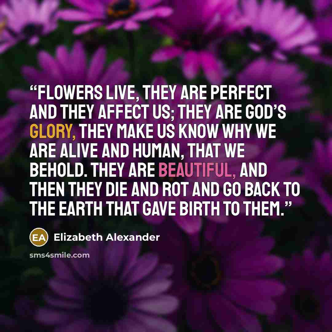 “Flowers live, they are perfect and they affect us; they are God’s glory, they make us know why we are alive and human, that we behold. They are beautiful, and then they die and rot and go back to the earth that gave birth to them.” quote by Elizabeth Alexander