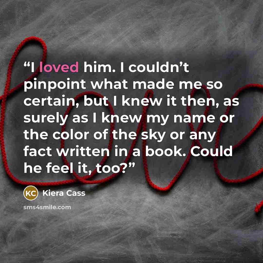 “I loved him. I couldn’t pinpoint what made me so certain, but I knew it then, as surely as I knew my name or the color of the sky or any fact written in a book. Could he feel it, too?” quote by Kiera Cass