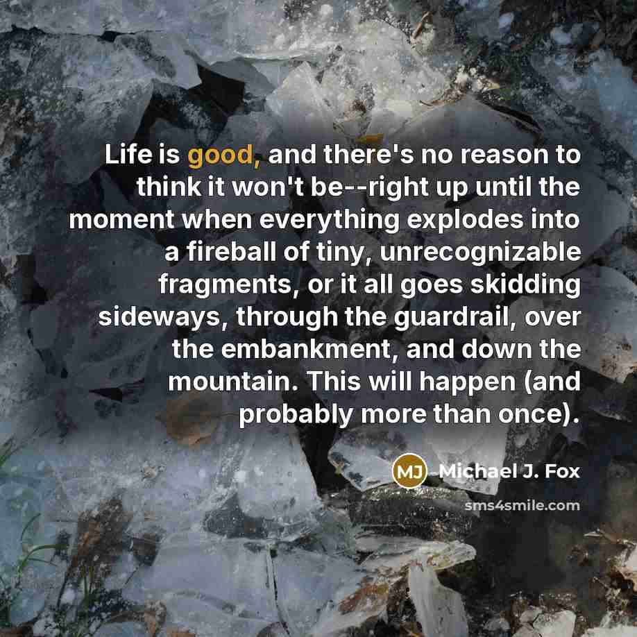 “Life is good, and there's no reason to think it won't be--right up until the moment when everything explodes into a fireball of tiny, unrecognizable fragments, or it all goes skidding sideways, through the guardrail, over the embankment, and down the mountain. This will happen (and probably more…” quote by Michael J. Fox
