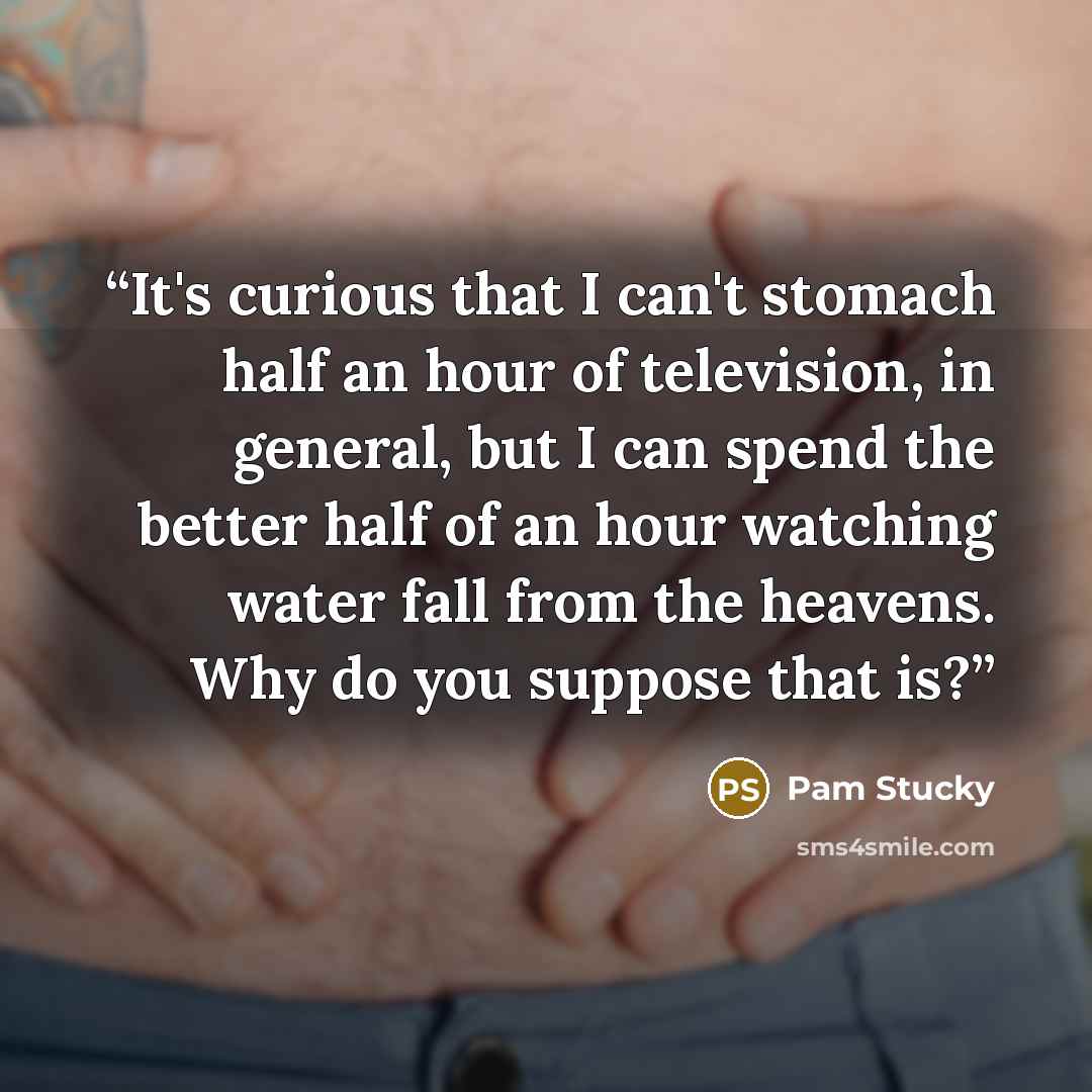 “It's curious that I can't stomach half an hour of television, in general, but I can spend the better half of an hour watching water fall from the heavens. Why do you suppose that is?” quote by Pam Stucky
