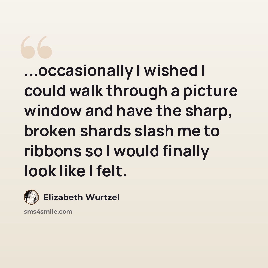 “...occasionally I wished I could walk through a picture window and have the sharp, broken shards slash me to ribbons so I would finally look like I felt.” quote by Elizabeth Wurtzel