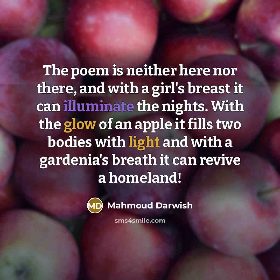 “The poem is neither here nor there, and with a girl's breast it can illuminate the nights. With the glow of an apple it fills two bodies with light and with a gardenia's breath it can revive a homeland!” quote by Mahmoud Darwish