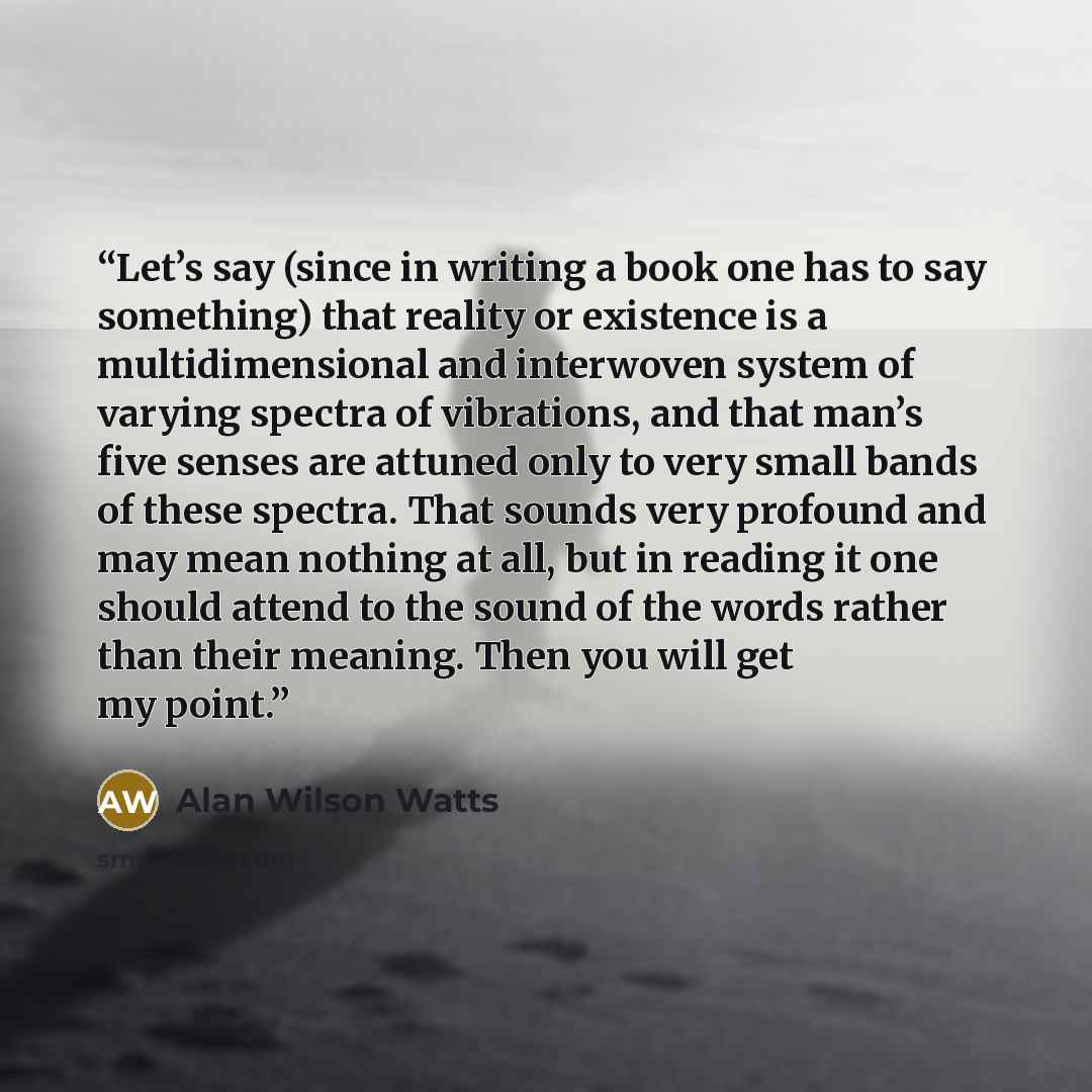 “Let’s say (since in writing a book one has to say something) that reality or existence is a multidimensional and interwoven system of varying spectra of vibrations, and that man’s five senses are attuned only to very small bands of these spectra. That sounds very profound and may mean nothing at…” quote by Alan Wilson Watts
