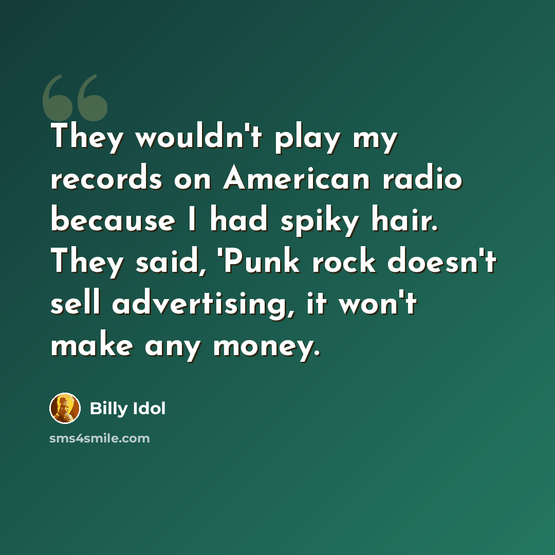 “They wouldn't play my records on American radio because I had spiky hair. They said, 'Punk rock doesn't sell advertising, it won't make any money.” quote by Billy Idol