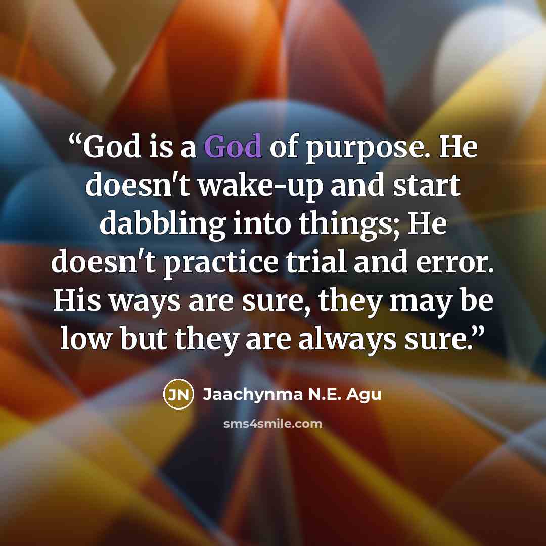 “God is a God of purpose. He doesn't wake-up and start dabbling into things; He doesn't practice trial and error. His ways are sure, they may be low but they are always sure.” quote by Jaachynma N.E. Agu