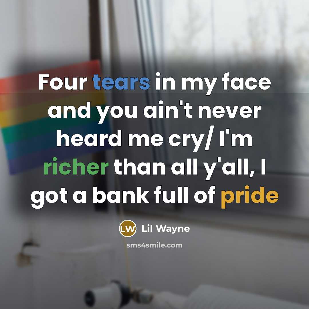 “Four tears in my face and you ain't never heard me cry/ I'm richer than all y'all, I got a bank full of pride” quote by Lil Wayne