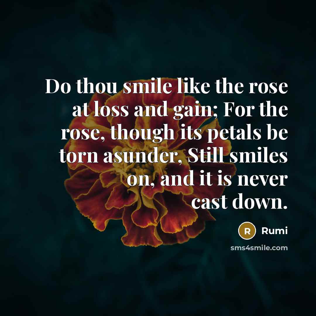 “Do thou smile like the rose at loss and gain; For the rose, though its petals be torn asunder, Still smiles on, and it is never cast down.” quote by Rumi